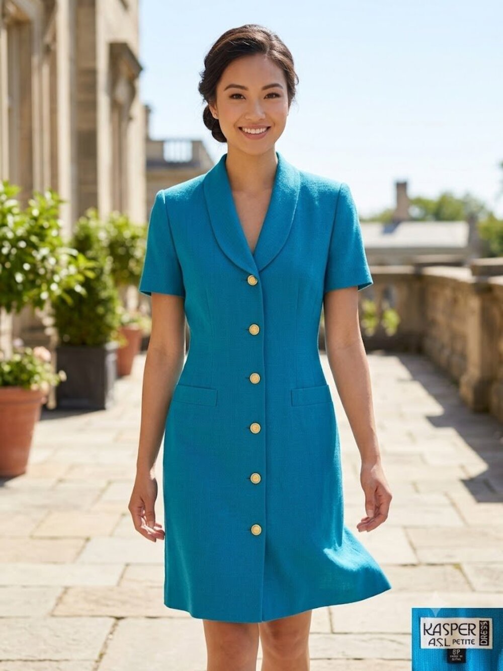 Kasper A.S.L. Shawl Collar Short Sleeve Blazer Dress 8P Teal Blue Gold Crest But